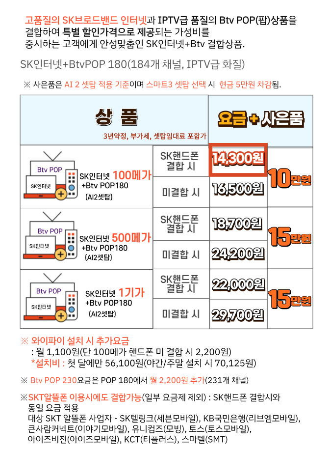 SK인터넷+ BTV케이블200 / BTV POP 요금 사은품